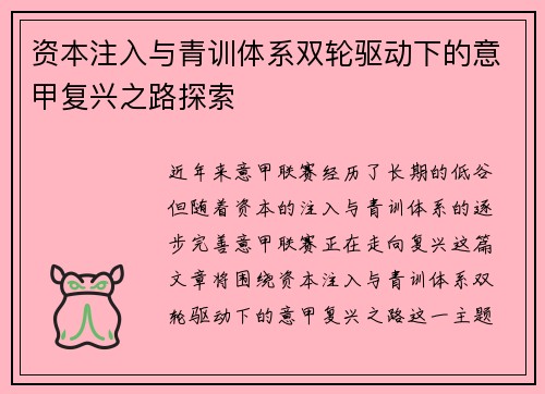 资本注入与青训体系双轮驱动下的意甲复兴之路探索