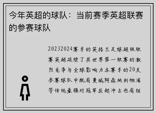 今年英超的球队：当前赛季英超联赛的参赛球队