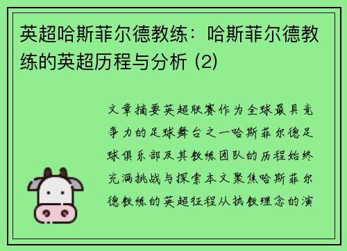 英超哈斯菲尔德教练：哈斯菲尔德教练的英超历程与分析 (2)